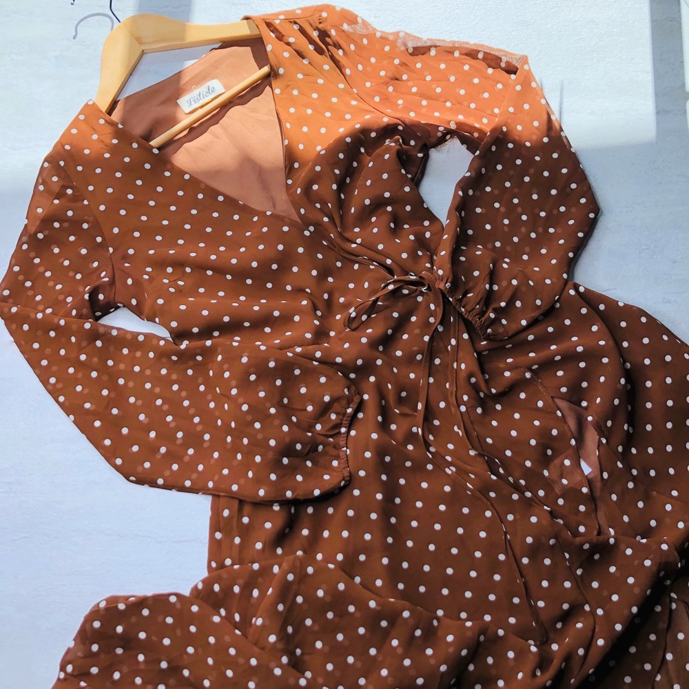 Listicle Brown Polka Dot Ruffle Belted Dress - Picture 5 of 8